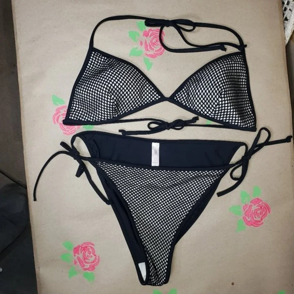 Vintage Victoria's Secret Black & White Fishnet Bikini Size Large